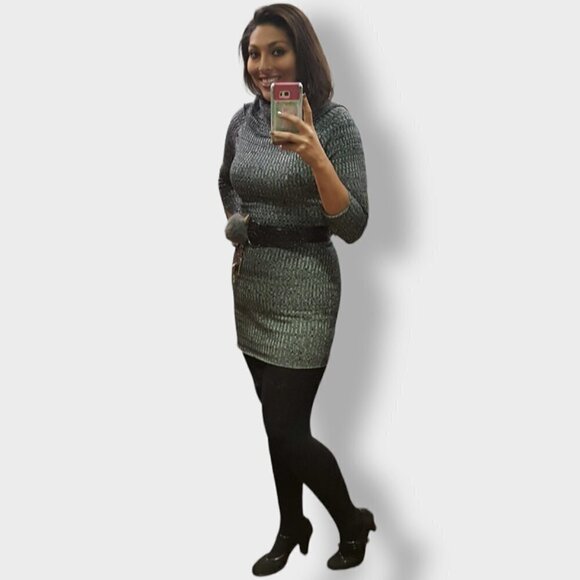 SAY What? Bodycon Ribbed Sweater Cowl Neck Dress Gray Size Medium - Picture 2 of 5